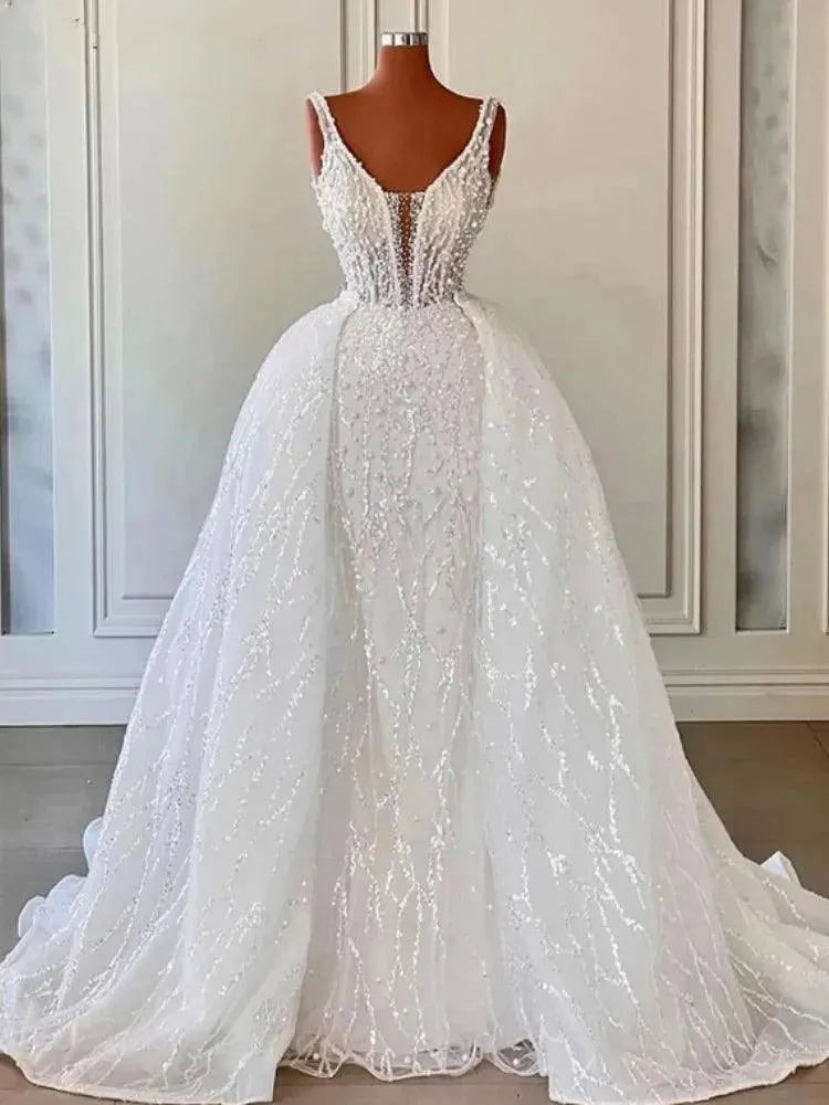 White Mermaid Wedding Dresses For Women Bride Luxury Spaghetti Bridal Dress With Cape Sparkly Engagement Gowns Vestidos De Novia 14W Mermaid