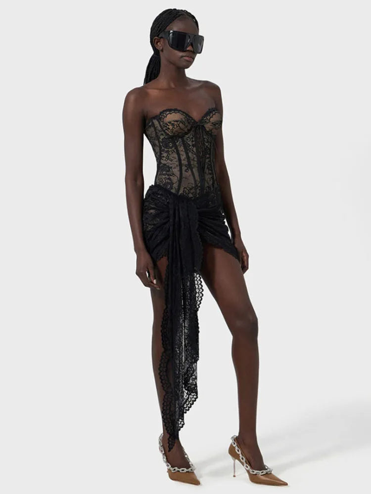 VC Fashion Black Lace Strapless Corset Mini Dress with Asymmetrical Skirt for Fashion-Forward Events Evening Gown