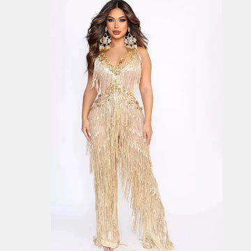 Golden Sequins Tassle Sexy V-Neck Hollow Out Jumpsuit Fashion Woman Woman Party Outfit Stage Performance Costume