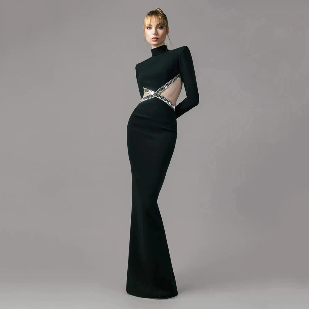 Luxury Squares Diamonds Sexy Hollows Out Blackless Long Dress Elegant Goddess  Evening Dress Celebrity Party Outfit