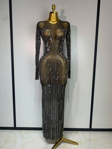 Women Sexy Long Sleeve Mesh See Through Dress 2025 Elegant Evening Party Luxury Birthday Club Rhinestone Performance Costume
