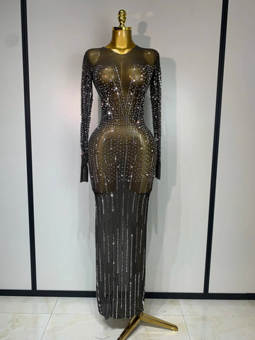 Women Sexy Long Sleeve Mesh See Through Dress  Elegant Evening Party Luxury Birthday Club Rhinestone Performance Costume