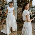 Customized Bohemian Wedding Dresses Two Pieces Lace Top with Sleeve Bridal Gown Jewel Neck Beach Wedding Gown Vestidos De Novia
