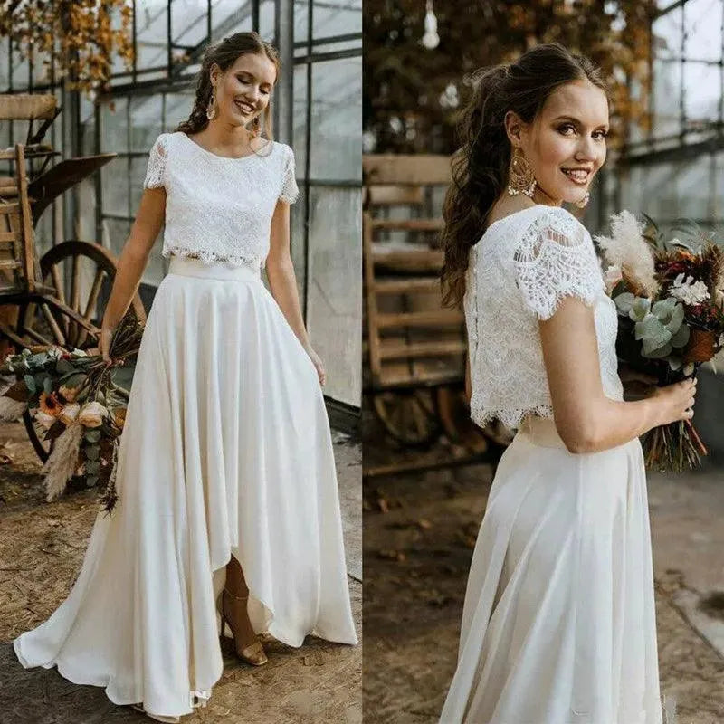 Customized Bohemian Wedding Dresses Two Pieces Lace Top with Sleeve Bridal Gown Jewel Neck Beach Wedding Gown Vestidos De Novia