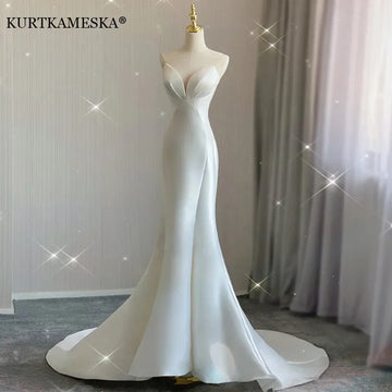 Luxury White Satin Wedding Trailing Mermaid Maxi Dresses for Bride Elegant Long Prom Evening Guest Cocktail Party Women Dress