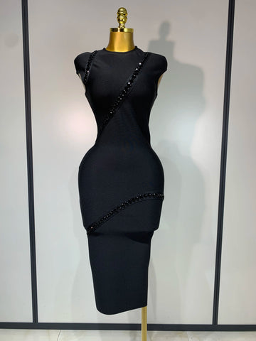 2025 Elegant Women Sexy Black Design Bodycon Bandage Dress O-Neck Half Sleeve Medium Long Dresses Party Luxury Birthday Dresses