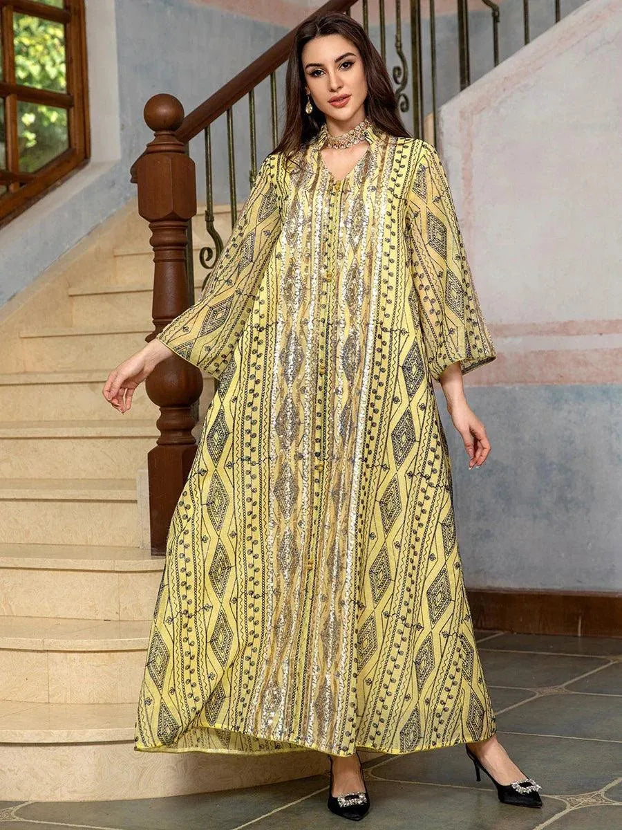 Dubai Fashion Sequins Embroidery Abaya Chic And Elegant Women Evening Dress Long Sleeve Notched V-Neck Casual Robe 2024 Yellow Dress