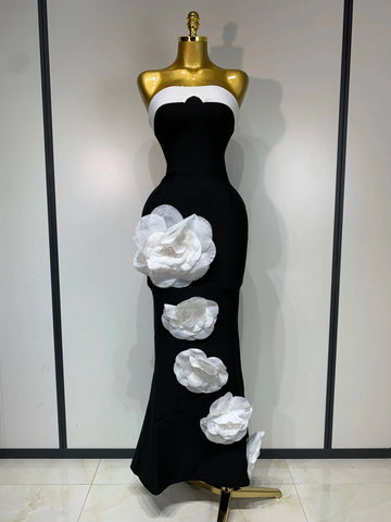 Women Sexy Strapless Backless Flower Maxi Long Bandage Dress  Knitted Celebrity Elegant Evening Club Party Birthday Dresses