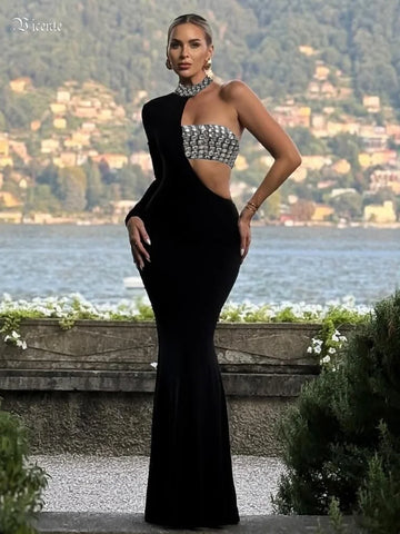 VC Stylish Black Asymmetric Long Sleeve Maxi Dress with Sparkling Detail Mermaid Gown for Red Carpet Events