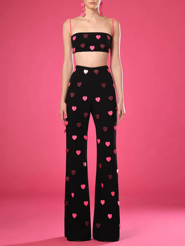 2025 New Spring Women Sexy Sleeveless Heart Sequined Strap Tops Straight Women's set Girls' Birthday Party Fashion Wear