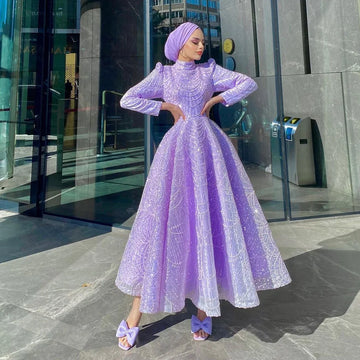 Modest Lilac Prom Dresses Sequined Crystal Beading Pearls Long Sleeves High-Neck A-Line Arabic Muslim Evening Gowns picture color