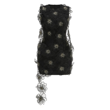 Black Color Women Sleeveless 3D Florals Bodycon Mini Draped Dress Cute Girls' Birthday Party Fashion Cocktail Dress Vestido