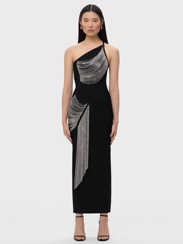Women Sexy One shoulder Tassels Black Maxi Bodycon Bandage Dress 2025 Summer Elegant Cocktail Evening Club Party Gowns