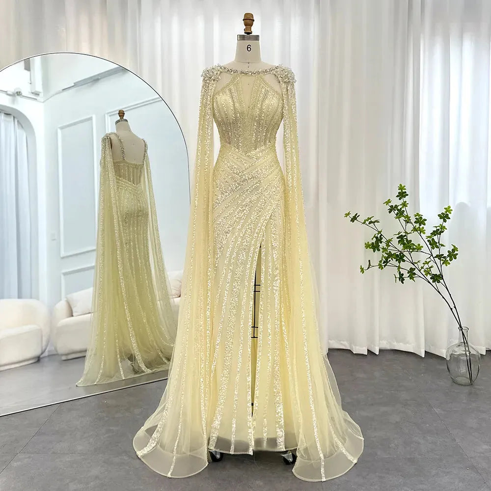 Luxury Crystal Dubai Yellow Evening Dress with Cape Sleeves Lilac Arabic Mermaid Women Wedding Party Gown Yellow Evening Dress