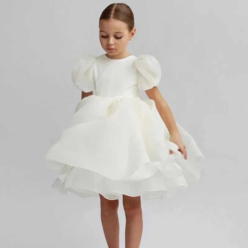 Flower Girls White Dresses for Wedding Backless Elegant Kids Birthday Party Gala Dress Puff Sleeve Children Communion Costume