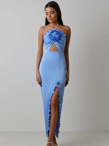 Black Skyblue Color Women Sexy Halter Off the Shoulder Bodycon Mid-calf Bandage Dress Fashion Nightclub Party Celebrate Dress