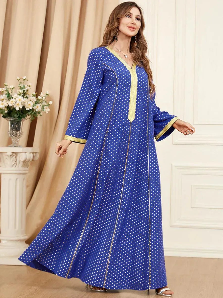 Elegant A-Line Dress V-Neck Lace Tape Polka Dot Print Long Dresses Abayas For Womens Dubai Ramadan Jalabiyat 2023 Red Dress