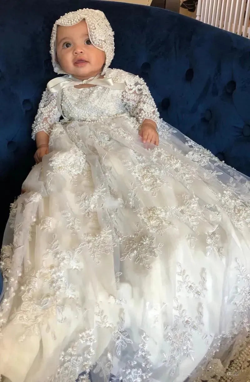 Baby Infant Girls Christening Gowns With Lace Applique Baptism Dress 3m-24m Flower Girl Baptism