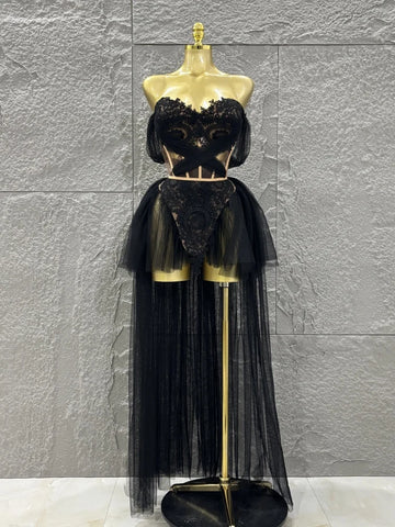 Women Sexy Strapless Laced-up Mesh 2 Pieces Long Maxi Dress Celebrate Evening Party Birthday Prom Outfit