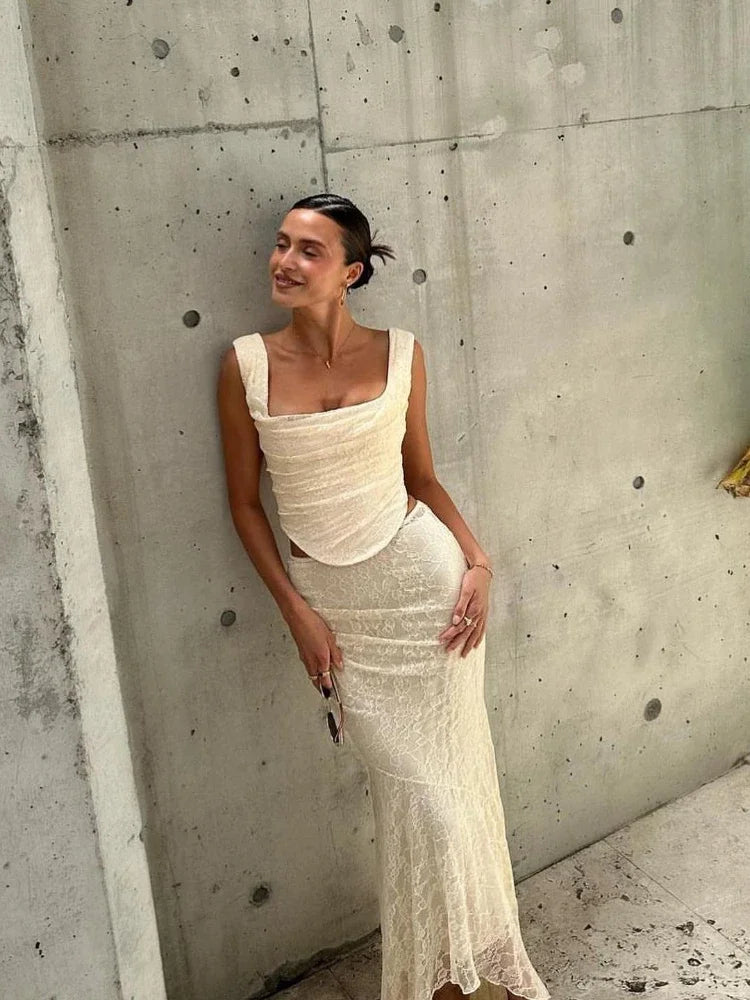 Suninheart Elegant Women 2 Piece Dress Set 2023 Maxi Wedding Guest Dress Lace Up Crop Top and Maxi Skirt Set Formal Event Dress high quality version