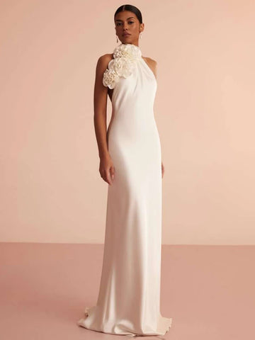 VC Hvit sateng halter ryggløs lang kjole for kvinner ermeløs blomsterpyntet slank ballkjole elegant aftenkjole
