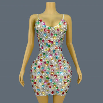2025Multicolour Sparkly Rhinestone Sexy Strap Dress Women Nightclub Prom Skinny Dress Birthday Celebrate Prom Mini Dress Caixing