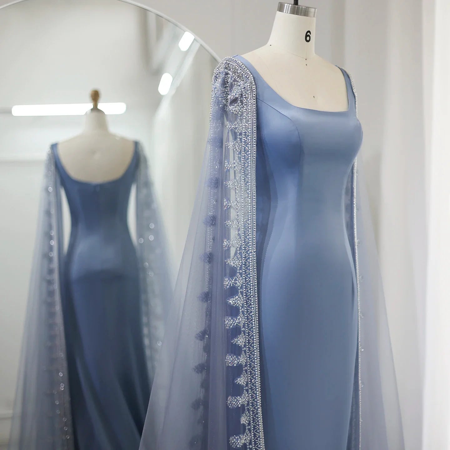 Vestidos de noche de lujo de sirena azul de Dubái con mangas tipo capa, elegantes vestidos de fiesta de boda árabes de color verde salvia para mujer 