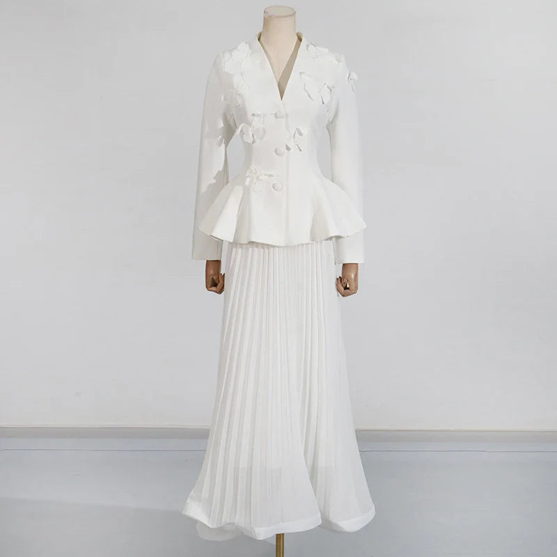 Solid Two Piece Sets for Women V Neck Ling Sleeves Spliced Applique Top High Waist Patchwork Folds Skirt Set Female WHITE