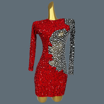 Chic Sexy Dresses For Hot Women Party Club Night Sparkly Crystals Full Evening Dress Luxury Red Mini Long Sleeved Dress Hongditu