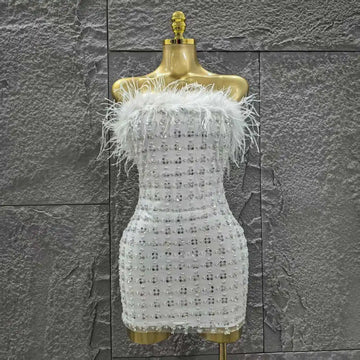 White Color Women Shinning Sequins Straples Bodycon Mini Dress Feathers Fashion Celebrate Birthday Party Cute Cocktail Dress