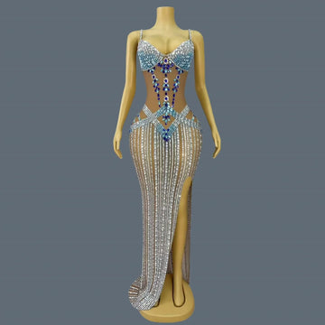 High-end Sexy Evening Gown for Women Sparkly Crystals High Side Slits Elegant Dress Birthday Prom Ball Luxury Strap Dress Jingyu