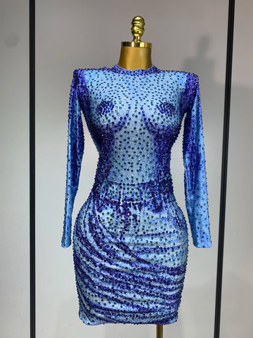 Ladies Sexy Sparkly Rhinestones Blue Long Sleeve Short Dress Women Evening Luxury Birthday Party Nightclub Singer Stage Outfit