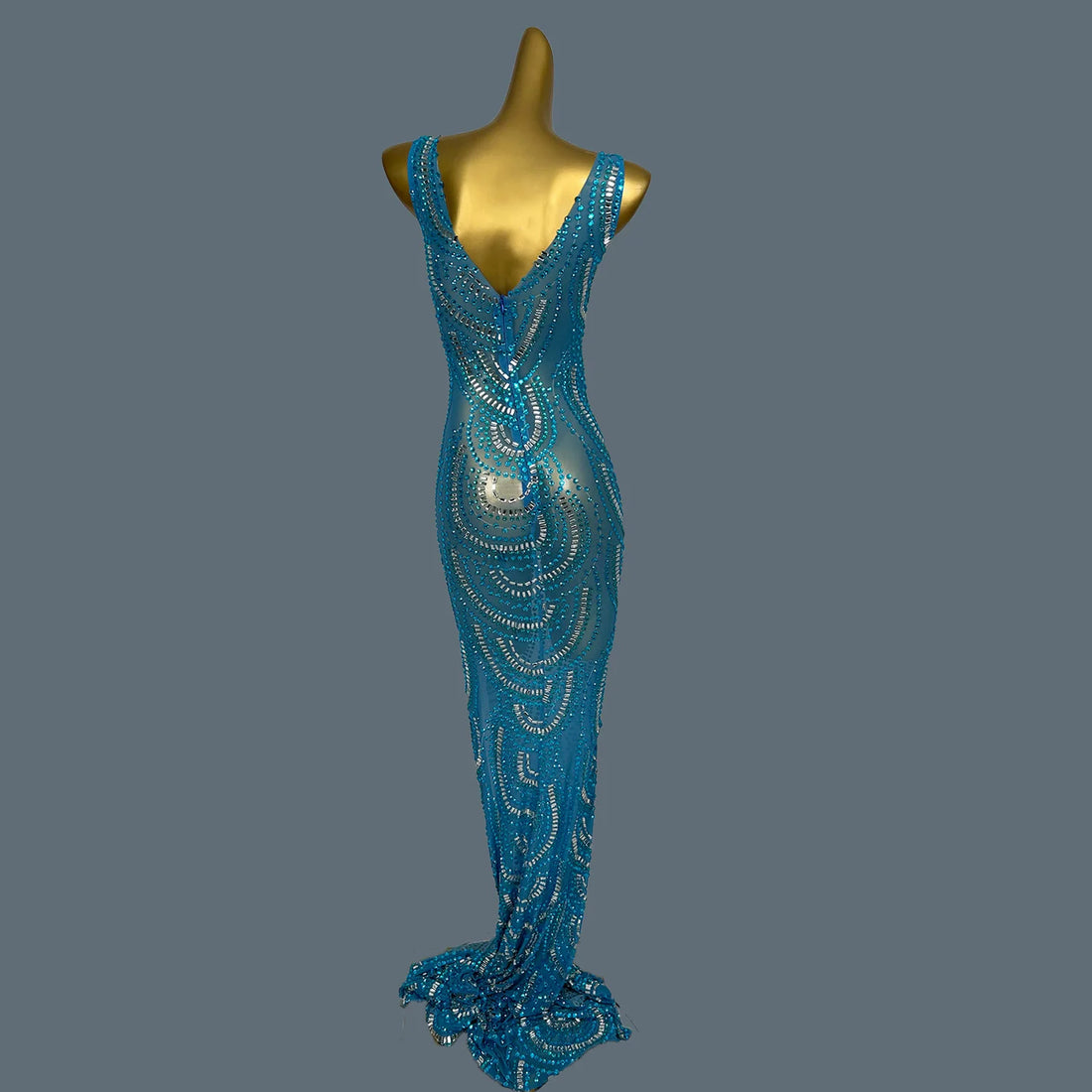 Sheer Mesh Blue Dress Sleeveless High Side Slit Club Dress Birthday Prom Bodycon Evening Dresses For Women Formal Luxury Lanquan