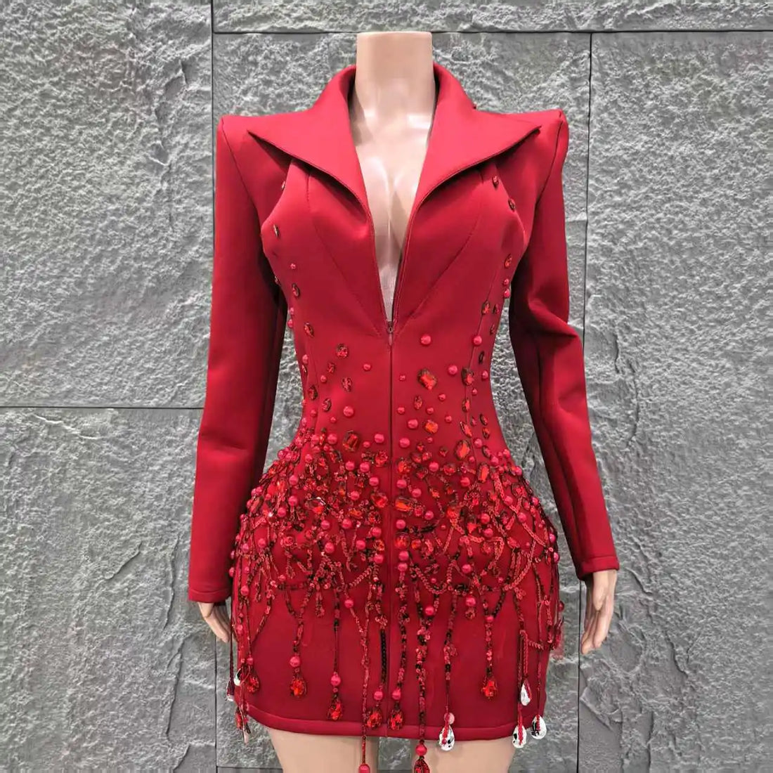 Women Long Sleeve Sexy Deep V-Neck Bodycon Blazer Dress Shinning Sequins Celebrate Nightclub Bar Singer Stage Wear