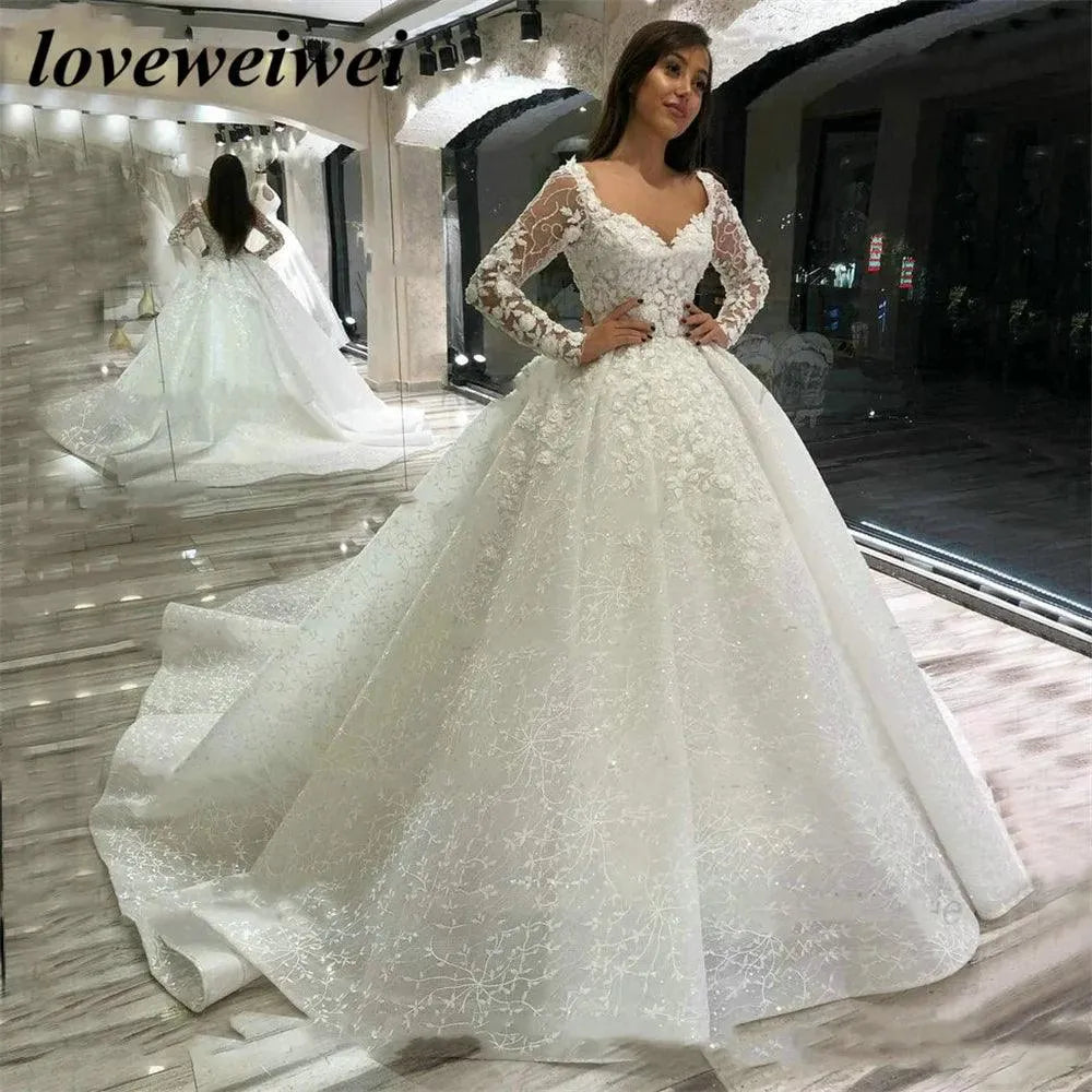 Luxury Lace Wedding Dresses New Long Sleeves Bride robe de mariage Beaded Appliqued Ball Gowns Bridal Dresses vestido de noiva Ivory