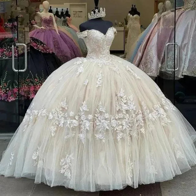 Quince Dress | Off-Shoulder Quinceanera Dresses 15 Party Prom Sweetheart Tulle Cinderella Birthday Ball Gowns