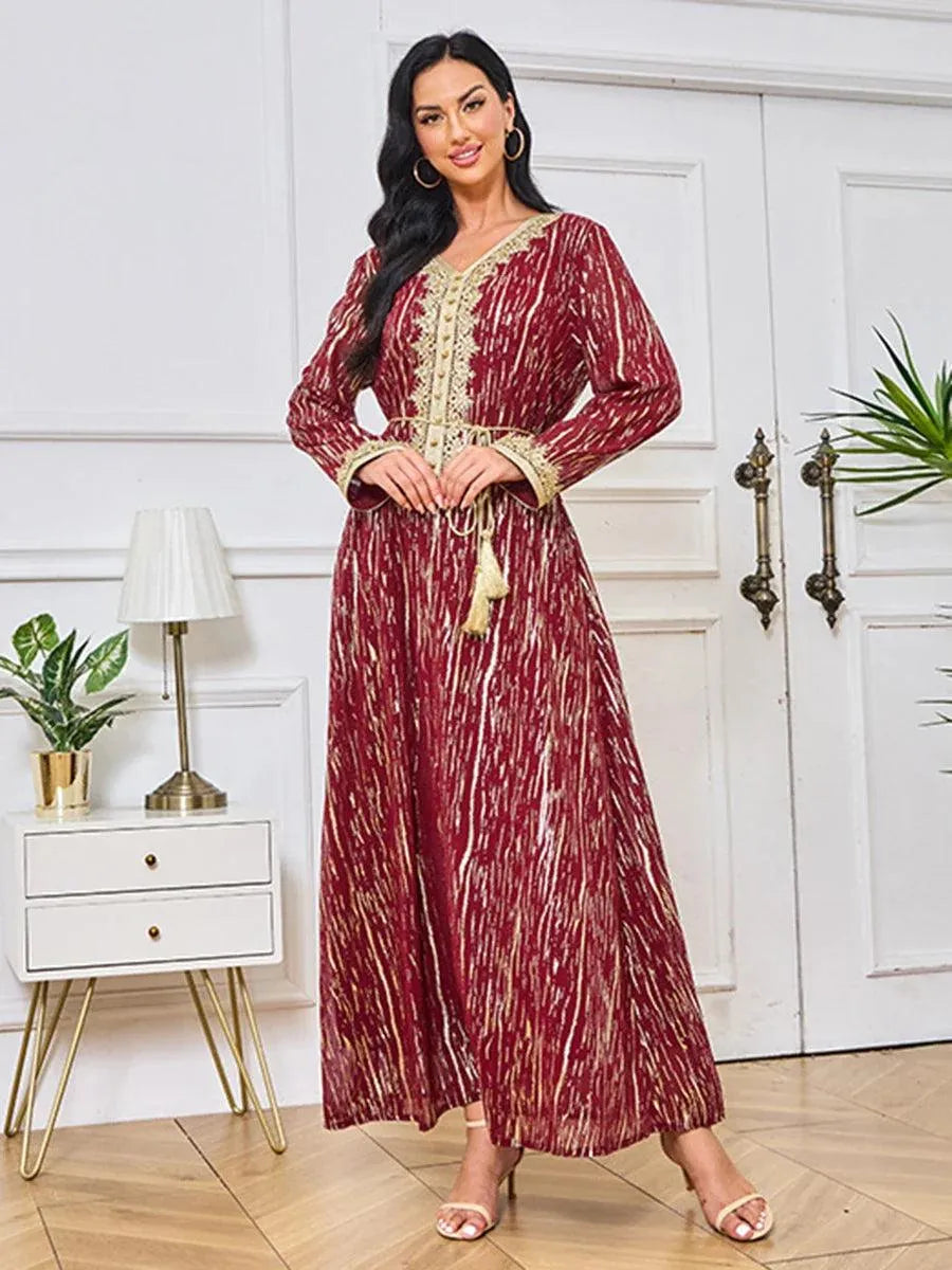 Fashion Chic Long Dresses Moroccan Abayas For Female Full Sleeve V-Neck Belted Clothing Elegant Arab Costumes Woman Blue Dress