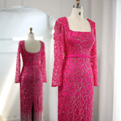 Luxury Dubai Tassel Hot Pink Evening Dresses for Women Elegant Long Sleeves Fuchsia Arabic Wedding Party Gowns