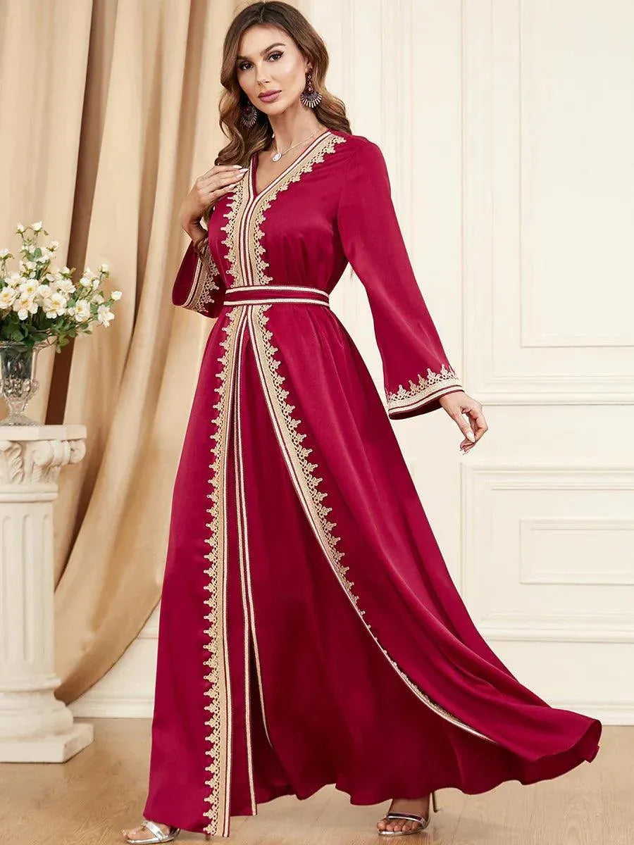 Modest Ramadan Muslim Woman Abaya 2 Piece Set Turkish Robe Solid Tape Trim Full Sleeve V-Neck Belted Clothing