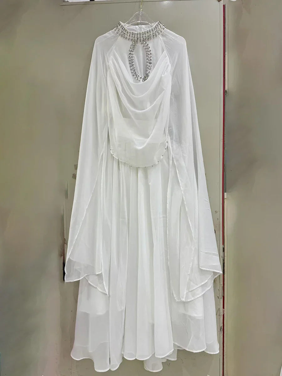 Solid Loose Sheer Spliced Bead Elegant Dresses for Women High Neck Long Sleeves Patchwork Folds Dress Female New