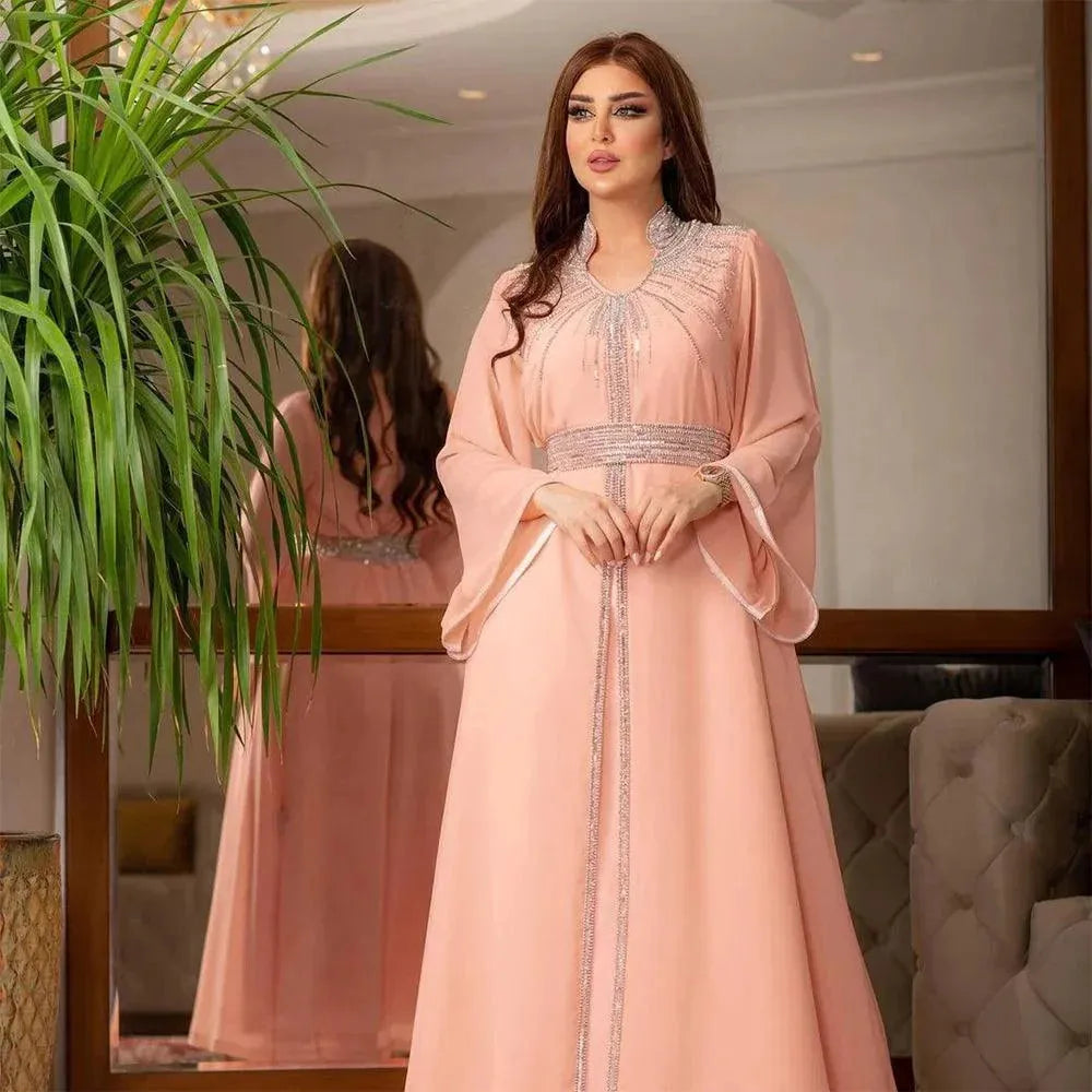 Turkish Abaya For Women Arabian Gown Moroccan Caftan Royal Women Fashion Hot Diamond Chiffon Dress With Belt Elegant V-neck