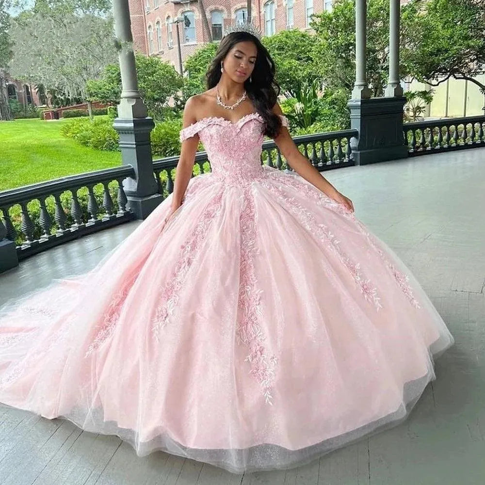 Quince Dress | Pink Off-Shoulder Ball Gown Quinceanera Dresses For 15 Party Lace Court Train Formal Birthday Princess Customized