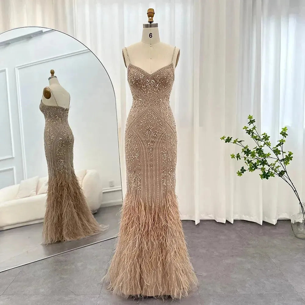 Luxury Feathers Champagne Evening Dresses for Women Wedding Spaghetti Straps Mermaid Long Party Prom Dresses Evening Dress