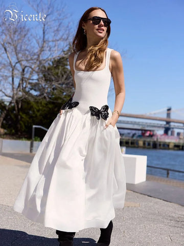 VC Fresh White Spaghetti Sleeveless  Square-Neck with Lace Butterfly Details Midi Dress for Garden Party Gown