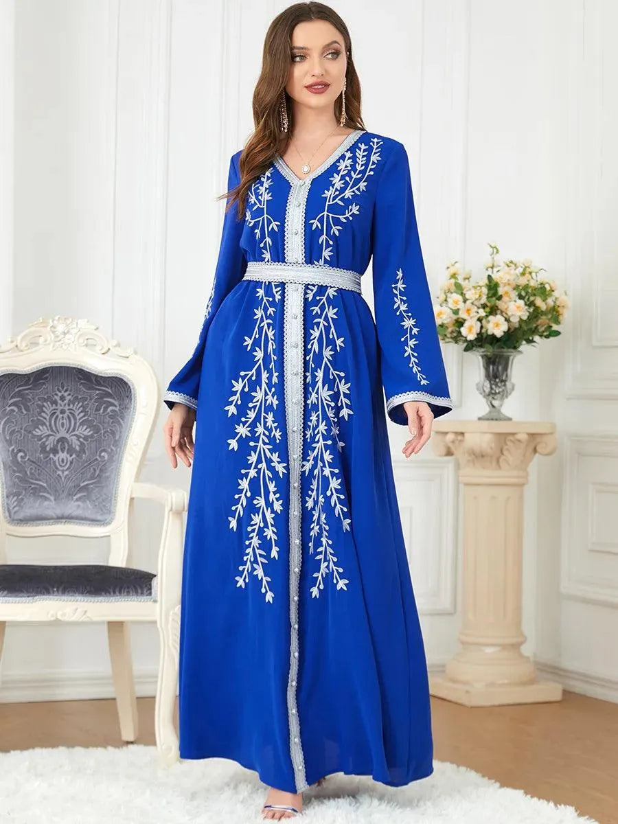 Muslim Dress Modest Fashion Emberoidery Solid Long Sleeve V-Neck Belted Clothing Casual Abayah For Women Dubai Blue Dress