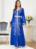 Muslim Dress Modest Fashion Emberoidery Solid Long Sleeve V-Neck Belted Clothing Casual Abayah For Women Dubai Blue Dress