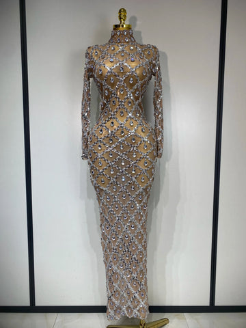 Women Sexy Luxury Birthday Dress Stage Shining Rhinestone Sequin Long Dress Evening Prom Gown Transparent Singer Club Host Dress