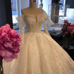 Paillettes di paillettes di tulle a maniche lunghe fuori dalla spalla abiti da sposa abiti per perle abiti da sposa di lusso personalizzati vestido de nolia