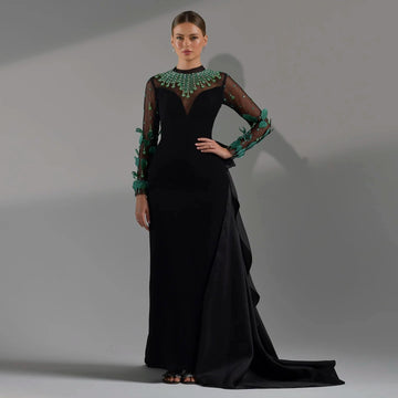 Luxury Dubai Emerald Green Feathers Black Evening Dress Long Sleeves Saudi Arabia Women Formal Party Gowns