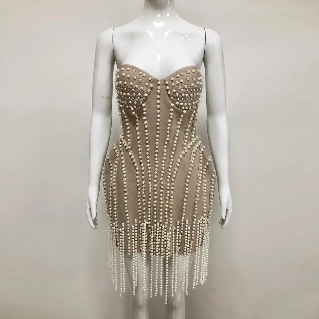Exquisite Pearl Beading Strapless Khaki Color Bandage Mini Dress Fashion Woman Birthday Party Vestido Evening Party Outfit